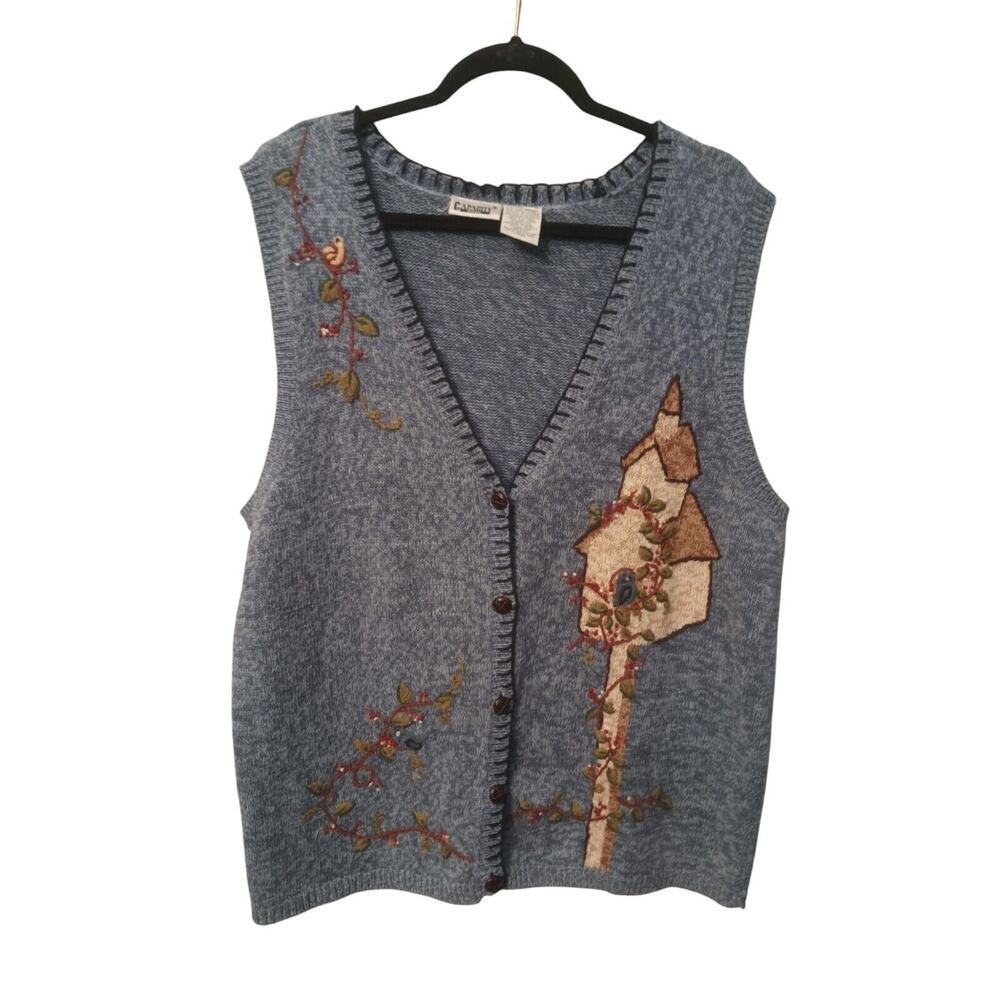 Vintage Capacity Sweater Vest Bird House XL Embroidered Blue Cottage Core Granny